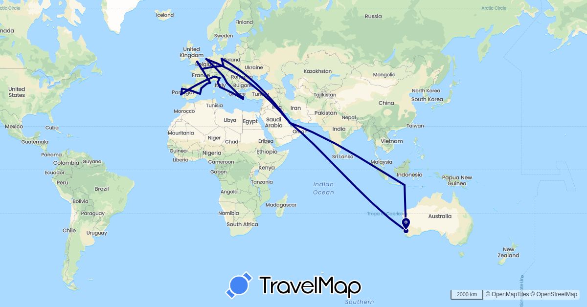 TravelMap itinerary: driving in Australia, Czech Republic, Germany, Spain, France, United Kingdom, Greece, Croatia, Indonesia, Italy, Netherlands, Portugal, Qatar, Slovenia (Asia, Europe, Oceania)